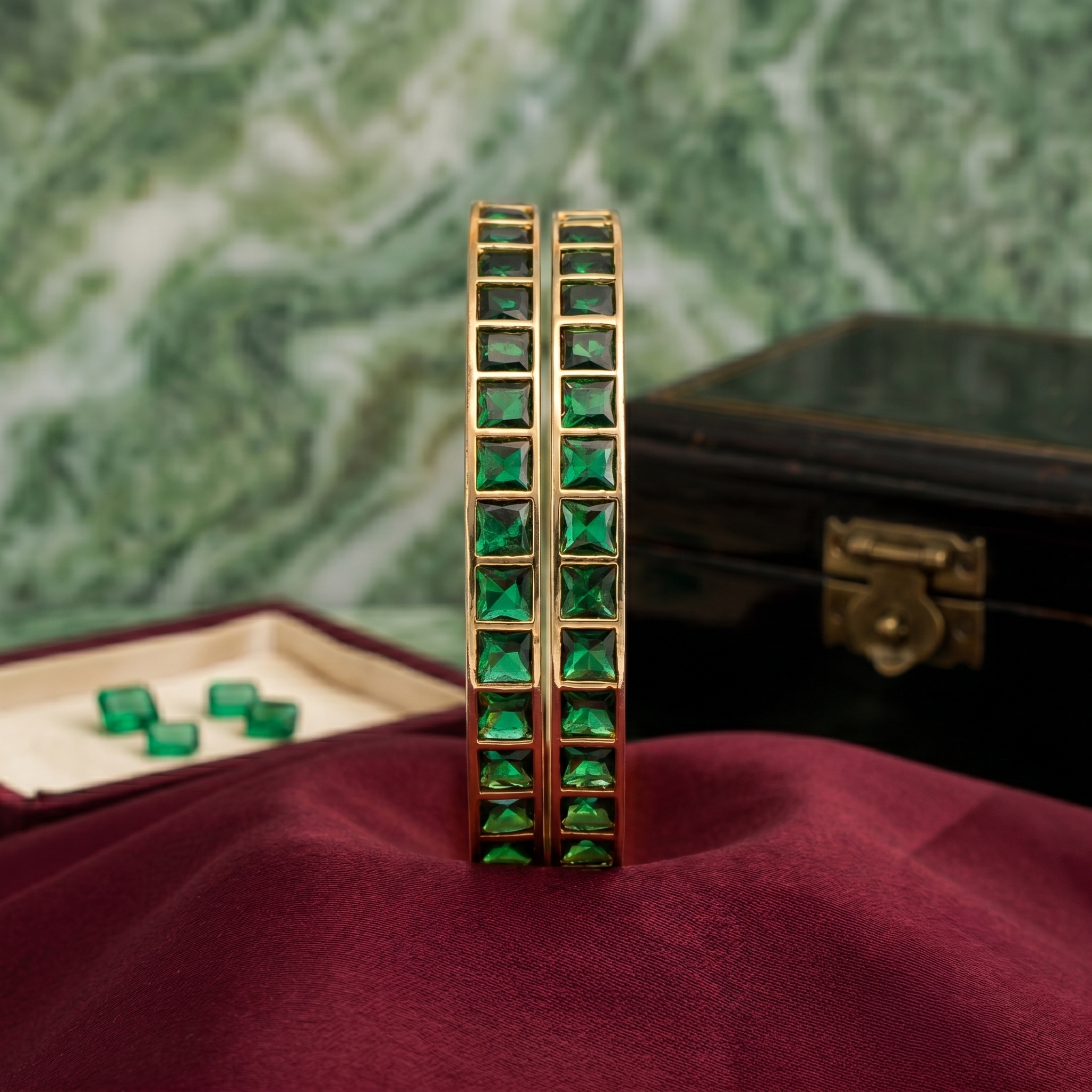 Gold Plated Square Cut Stone Bangle — Green & White close-up view - Avalna